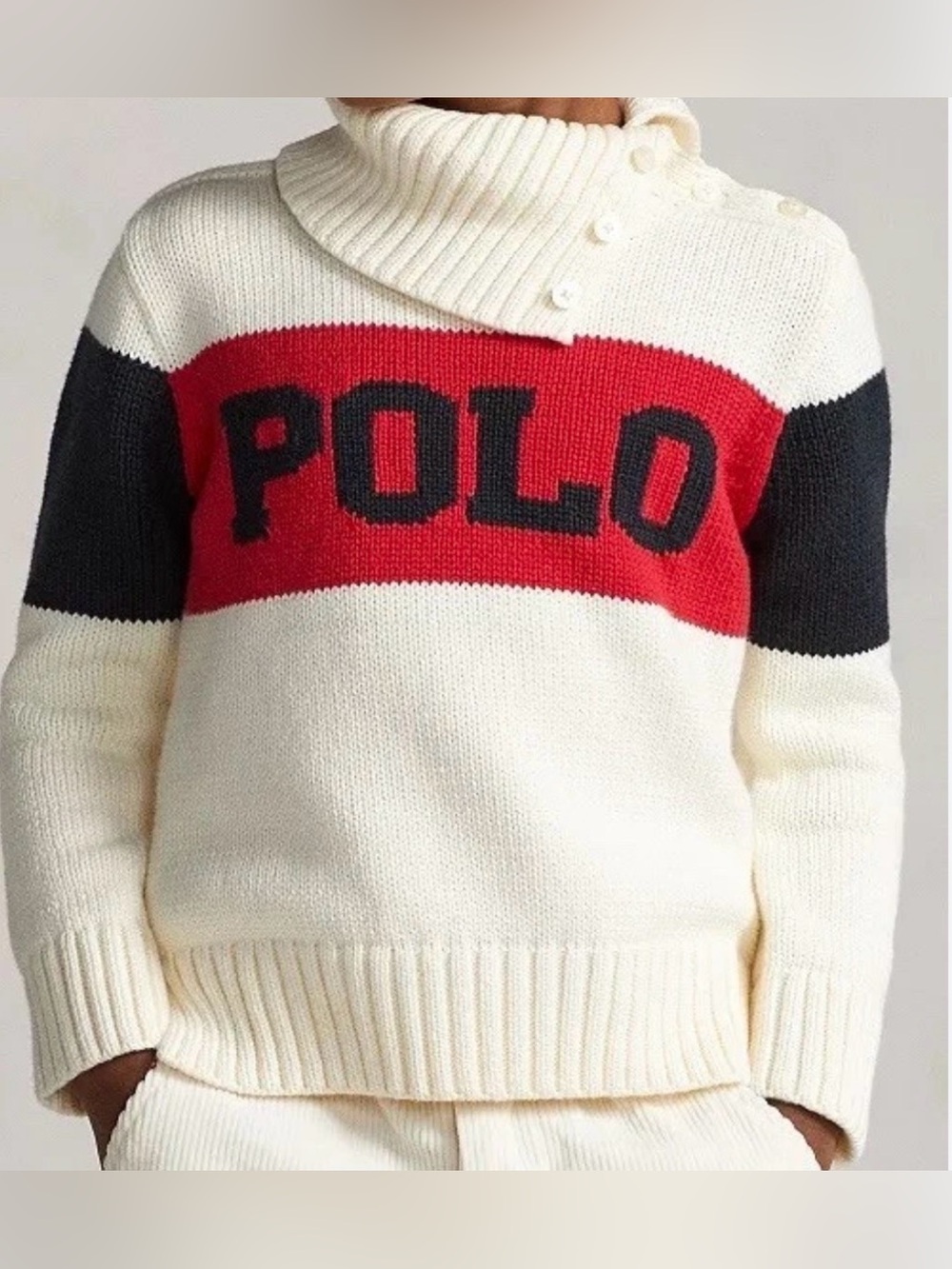 Polo Ralph Lauren Logo Turtleneck Sweater Cream Red Navy Women’s M 8-10